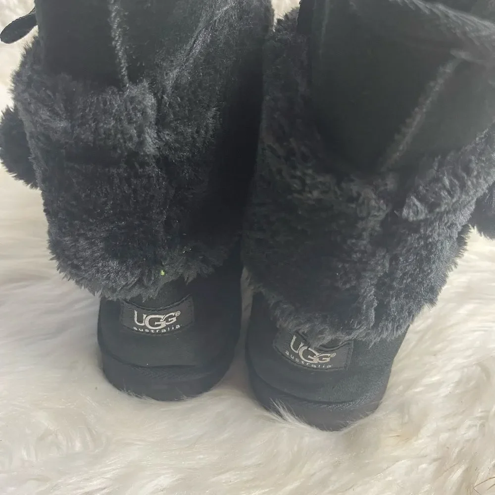 UGG leather suede furry slip on boots with pompom bow accent SZ9
